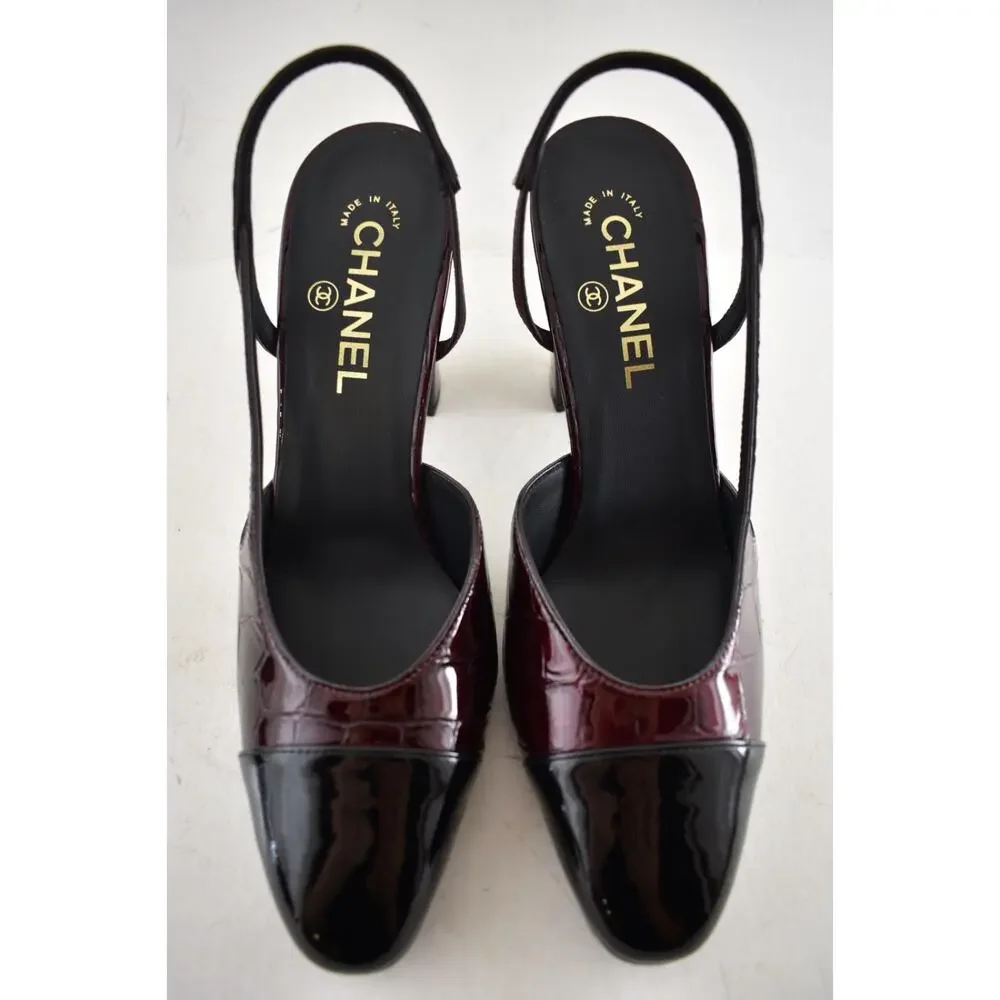 Chanel 26A Burgundy Black Crocodile Coco Sling Slingback Block Heel Pump 41c